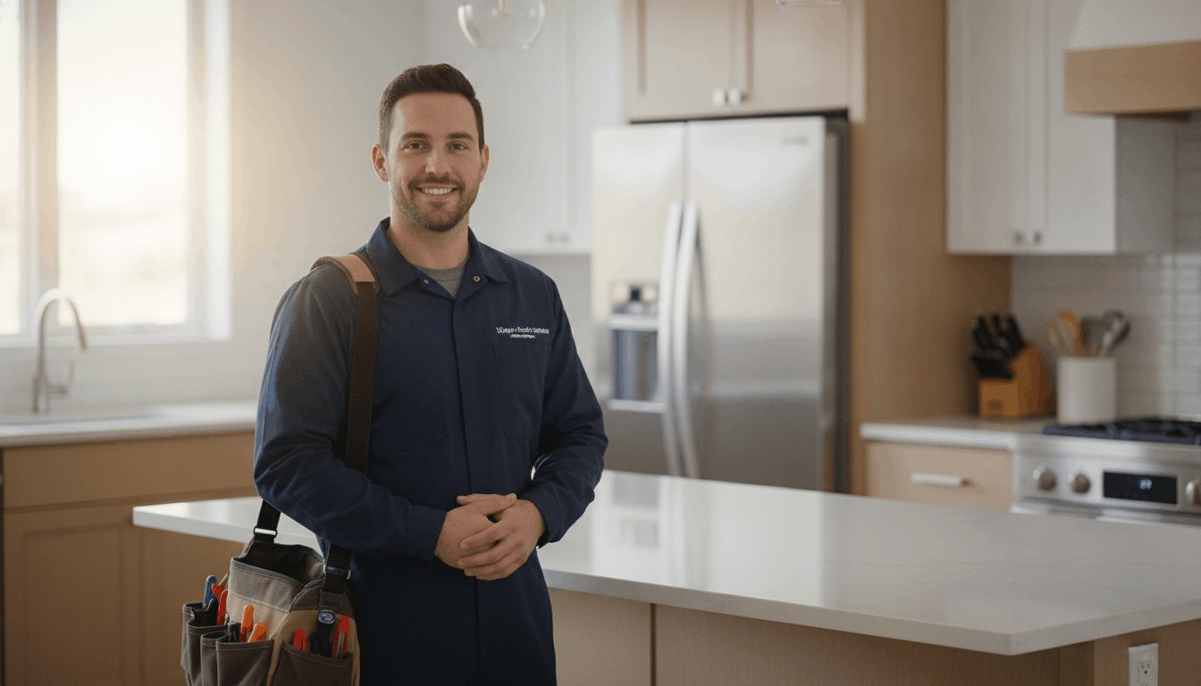 Burghfix technician arriving for a refrigerator diagnosis in a Pittsburgh kitchen