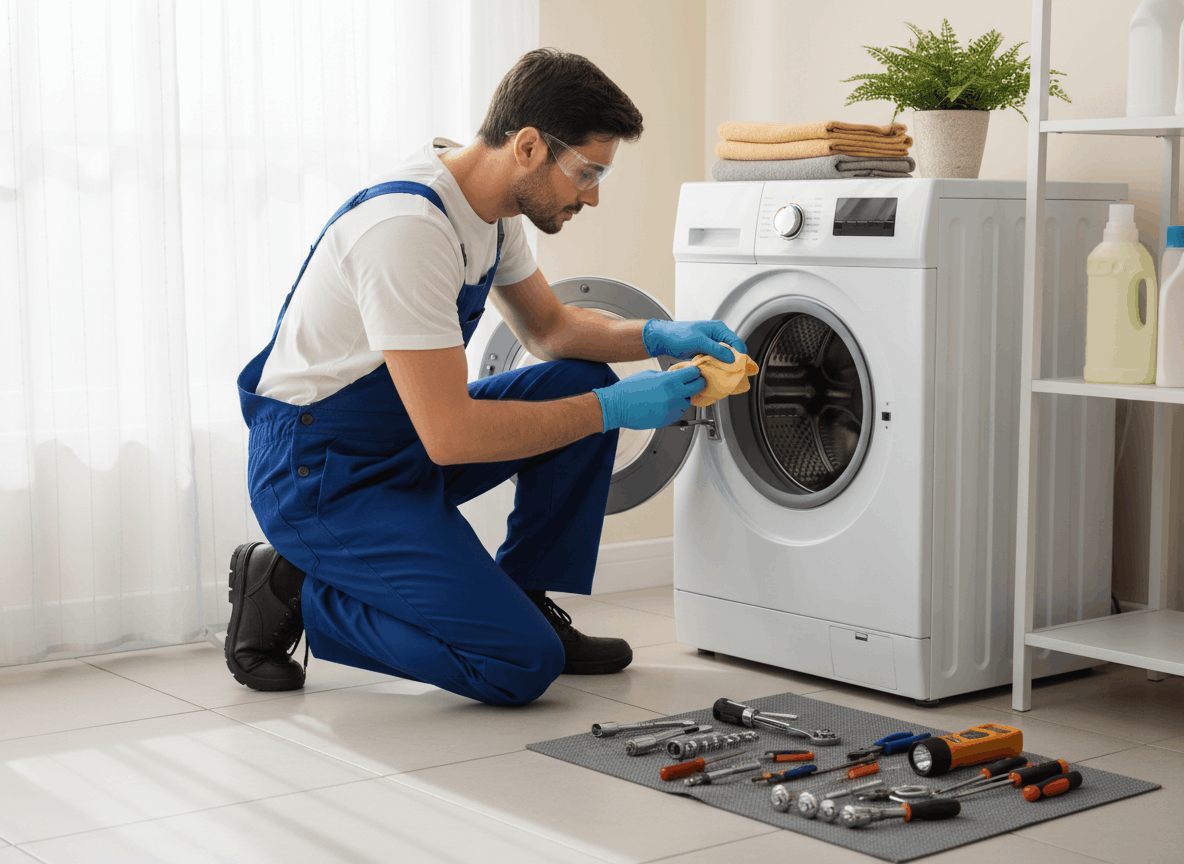 Technician repairing a front-load washer with tools laid out on a mat